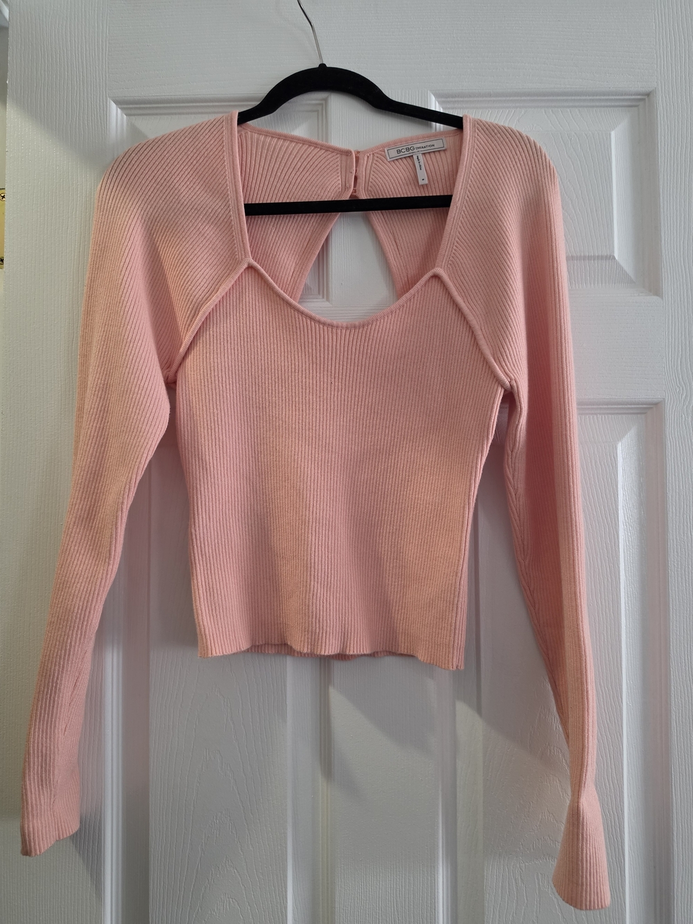 BCBGMAXAZRIA Pink Ribbed Long-Sleeve Cutout Top
